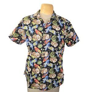 High Surf Tropical Parrot Coconut Print Short Sleeve Cotton Shirt Black Mens L